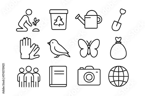 Conservation Icons Collection. Conservation Volunteers. Line icon set of Conservation Volunteers: tree planting, recycling bin, watering can, shovel, gloves,