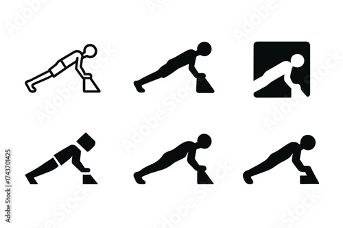 Creative Push-Up Logos. Push-Up Variations. Set Logo of Push-Up Variations: decline push-up pose. harmonious logo variations of the same emblematic concept,