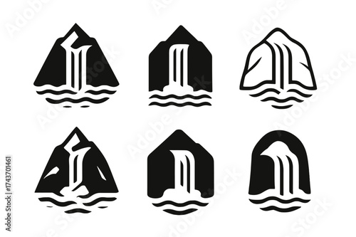 Harmonious Waterfall Logos. Waterfalls. Set Logo of Waterfalls: mountain waterfall. harmonious logo variations of the same emblematic concept, each with
