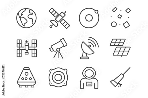 Orbit Icons Collection. Orbit and satellites. Line icon set of Orbit and satellites: Earth globe, satellite, orbit path, space debris, space station,