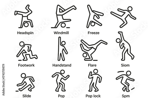 Breakdance Icon Set. Breakdance moves. Line icon set of Breakdance moves: headspin, windmill, freeze, backspin, handstand, flare, footwork, kick, pop, lock,