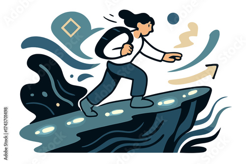 Cliffside Path Adventure. Path along the edge. A person walking carefully on a narrow cliff path, small glowing footprints leading forward. Abstract waves