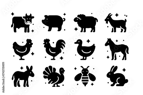 Farm Animal Icons. Farm Animals. Solid icons set of Farm Animals: cow, pig, sheep, goat, chicken, rooster, duck, horse, donkey, turkey, bee, rabbit. Filled
