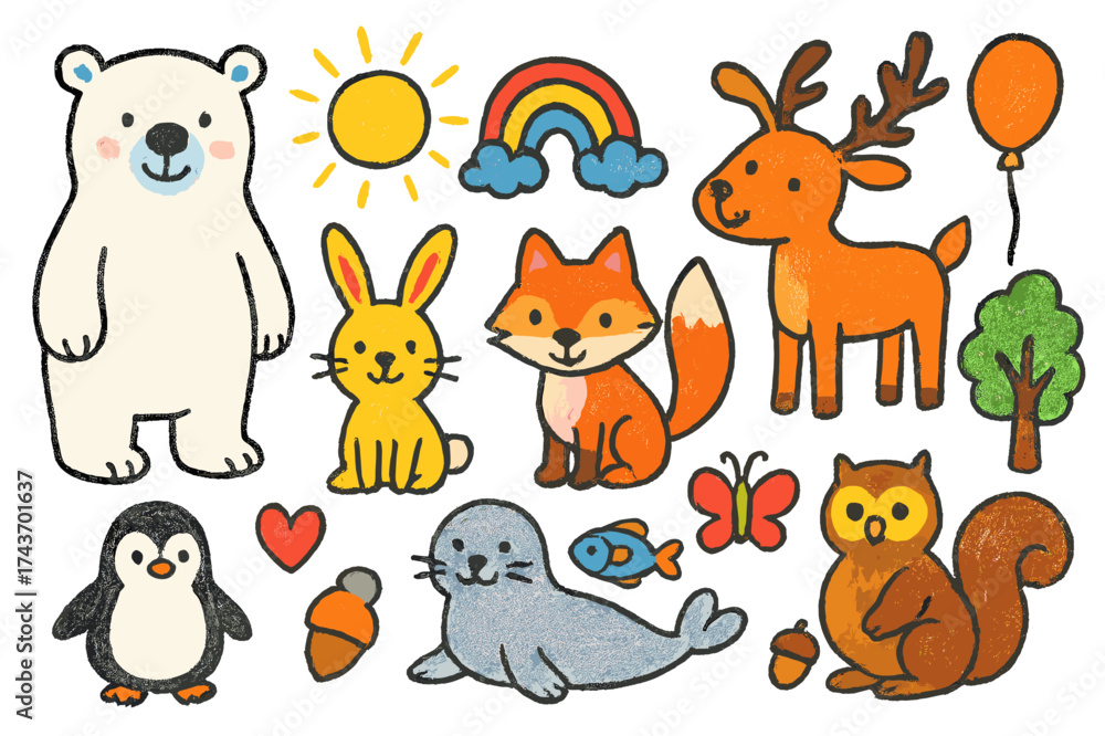 Obraz premium Animal Friends Doodle. Animal Friends. Colorful Hand-drawn doodle Children illustration Polar bear, penguin, seal, rabbit, reindeer, fox, owl, squirrel, fish,