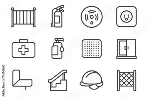 Safe Spaces Icon Set. Safe spaces. Line icon set of safe spaces: baby gate, fire extinguisher, smoke detector, outlet cover, first aid kit, hand sanitizer,