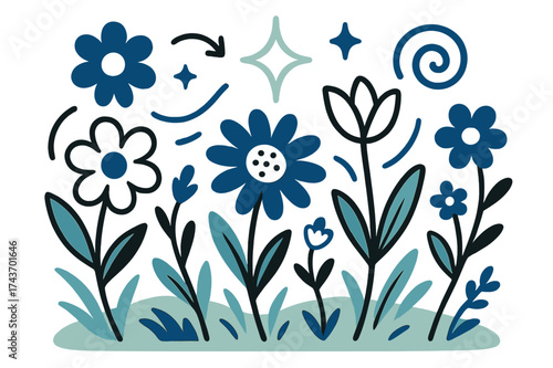 Vibrant Wildflower Meadow. Wildflowers. A glowing meadow filled with colorful blossoms swaying in breeze. Floating icons of flower, sparkle, and