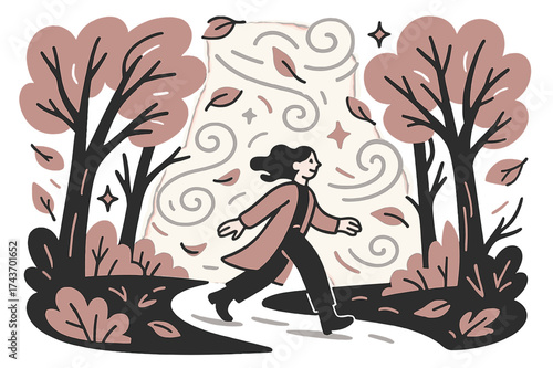 Autumn Wind Vectors. Rustling woods. Path glowing with swirling gusts of autumn wind moving branches. Floating swirl and sparkle icons adding energy to the