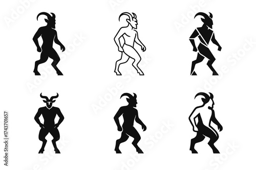 Faun Logo Variations. A mythical creature blending human and animal features. Set Logo of faun: human body with goat legs and horns. harmonious logo variations