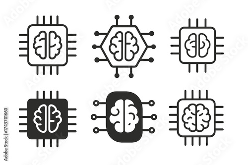 AI Logo Variations. Learning new technologies. Set Logo of Learning new technologies: AI neural chip. harmonious logo variations of the same emblematic
