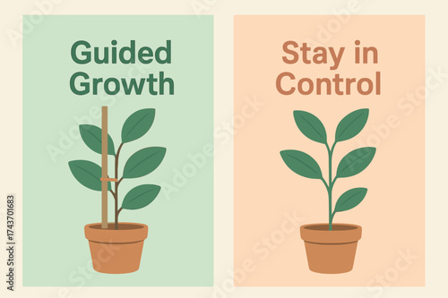 Guided Growth Banners. Growth. Two vertical A6 banners with safe margins, centered composition, no elements touching edges, pastel style, mint and peach, plant