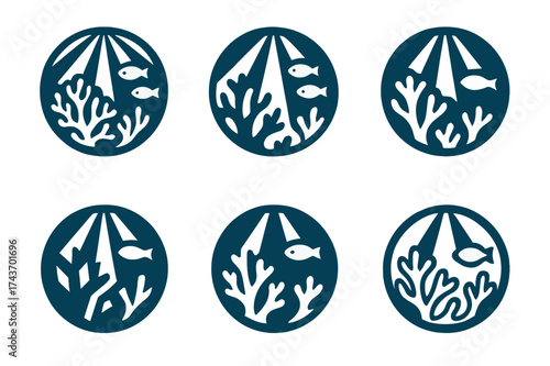 Diverse Ocean Logos. Exploration of ocean depths and undiscovered marine ecosystems. Set Logo of ecosystem circle: circular emblem with coral, fish, and light