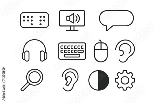 Assistive Technology Icons. Assistive technology. Line icon set of assistive technology: braille display, screen reader, speech bubble, headphones, keyboard,