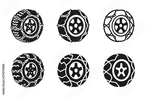 Snow Chain Logos. Snow chains on tires. Set Logo of rugged wheel: tire with heavy-duty snow grip pattern. harmonious logo variations of the same emblematic