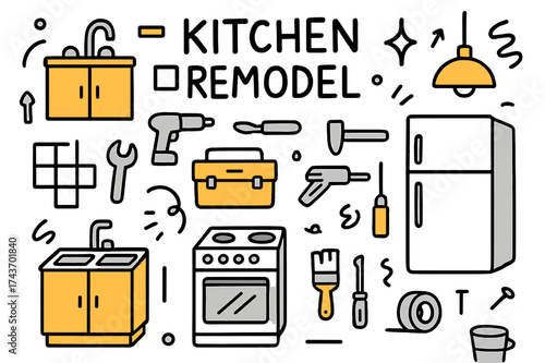 Colorful Kitchen Doodle. Kitchen Remodel. Hand-drawn doodle illustration sink (colored), cabinet, stove (colored), tiles, wrench (colored), drill, fridge