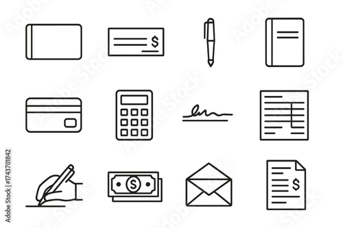 Checkbook Icon Set. Checkbook. Line icon set of Checkbook: checkbook cover, check, pen, ledger, bank card, calculator, signature line, deposit slip, writing