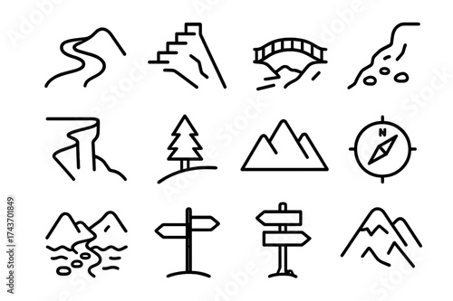 Mountain Path Icons. Mountain paths. Line icon set of mountain paths: winding trail, stairs, bridge, rocky path, cliff edge, tree, mountain, compass, river