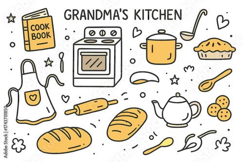 Grandma's Kitchen Doodles. Grandma?s Kitchen. Hand-drawn doodle illustration old cookbook (colored), stove, pot (colored), ladle, pie (colored),