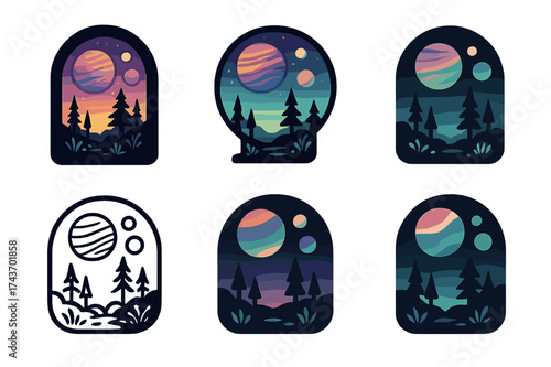 Planetary Emblem Variations. A planet with multiple moons and colorful skies. Set Logo of A planet with multiple moons and colorful skies: Bioluminescent