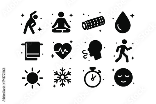 Warm Up Icons. Warm Up & Cool Down. Solid icons set of Warm Up & Cool Down: stretching figure, yoga pose, foam roller, water droplet, towel, heartbeat, breath