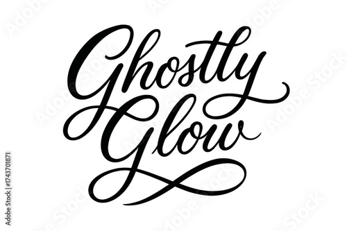 Ghostly Glow Typography. Ghostly Glow ? Script Hand-Lettering, flowing brush-style cursive with elegant connectors, arched composition, sweeping tails trailing