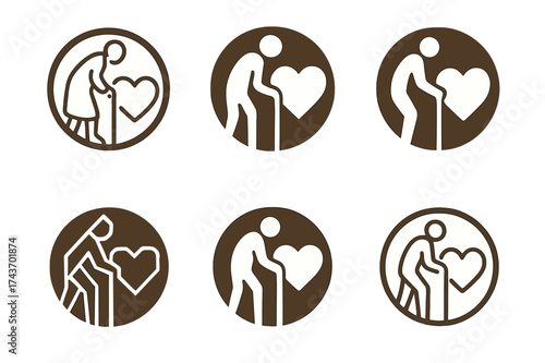 Elder Wellness Logos. Physical wellness and mobility for the elderly. Set Logo of life balance: circular emblem combining elder, cane, and heart. harmonious
