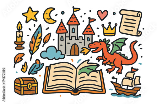 Magical Storybook Elements. Storytelling. Colorful Hand-drawn doodle Children illustration Open book, castle, dragon, star, moon, candle, quill, scroll,