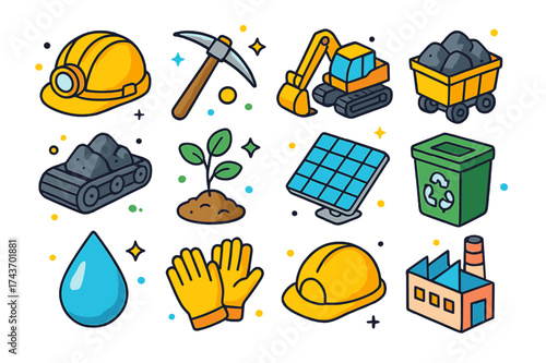 Responsible Mining Icons. Responsible Mining. Colorful isometric vector icons set of responsible mining: mining helmet, pickaxe, excavator, ore cart, conveyor