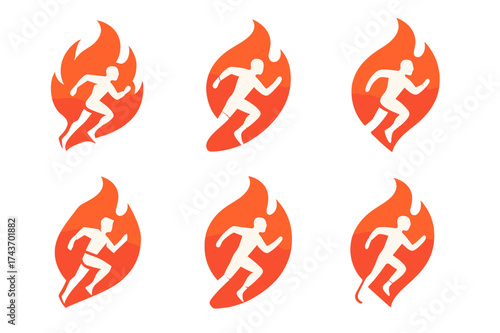 Athletic Flame Logos. High-performance training for athletes. Set Logo of performance flame: symbolic flame combined with athlete silhouette. harmonious logo