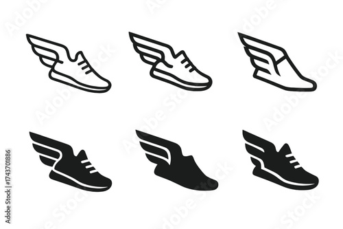 Winged Sneaker Designs. Powerful sprint. Set Logo of Powerful sprint: Winged sneaker. harmonious logo variations of the same emblematic concept, each with