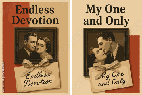 Retro Devotion Banners. Devotion. Two vertical A6 banners, retro, red and beige backgrounds, vintage photo frame and handwritten note tied with ribbon, first