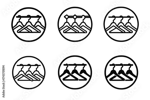 Hanger Logo Variations. Closet rod. Set Logo of circular badge: rod and hangers framed inside circle. harmonious logo variations of the same emblematic