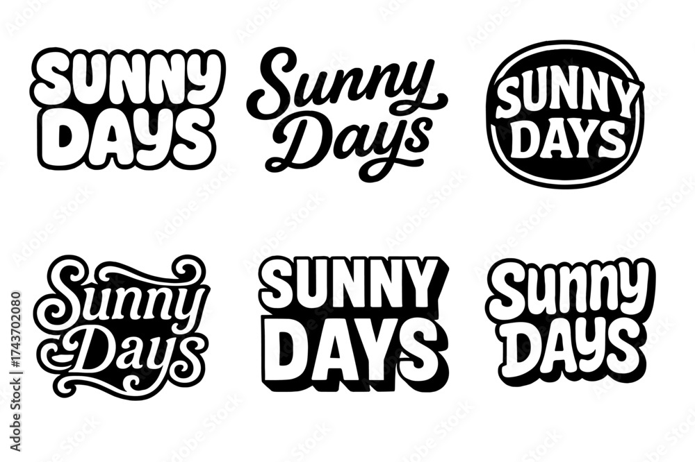 Fototapeta premium Sunny Lettering Styles. Sunny Days. Set lettering. harmonious lettering variations of the same emblematic concept (Rounded bubble playful style, Bold