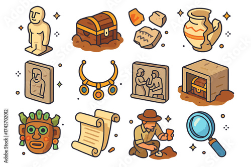 Historical Discovery Icons. Historical discovery. Colorful isometric vector icons set of historical discovery: ancient statue, buried chest, pottery fragments,