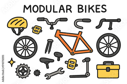 Colorful Modular Bikes. Modular Bikes. Hand-drawn doodle illustration bicycle frame (colored), wheels (colored), handlebars, pedals (colored), seat, gears