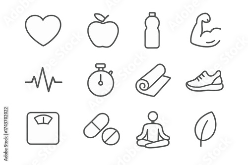 Health Icon Set. Health and Wellness. Line icon set of Health and Wellness: heart, apple, water bottle, muscle arm, heartbeat, stopwatch, yoga mat, running