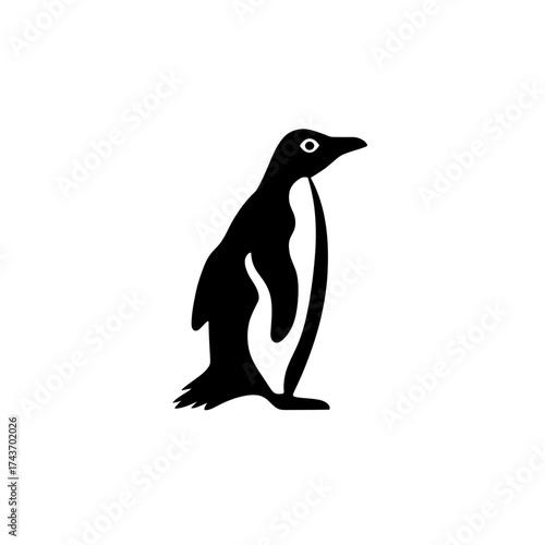 A simple, solid black penguin silhouette standing upright on a white background