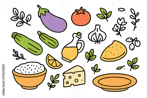 Mediterranean Doodle Delights. Mediterranean dishes. Hand-drawn doodle illustration mediterranean dishes eggplant (accented), tomato (accented), zucchini