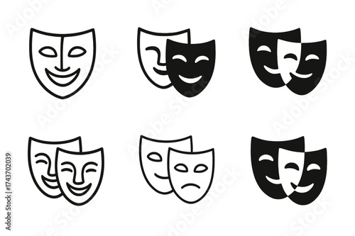 Theatrical Mask Logos. Ego and identity. Set Logo of layered masks: overlapping theatrical masks. harmonious logo variations of the same emblematic concept,