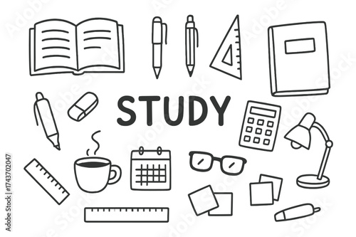 Study Essentials Doodle. Study. Hand-drawn doodle illustration study book, binder, notebook, pen, pencil, ruler, eraser, highlighter, calculator, lamp,