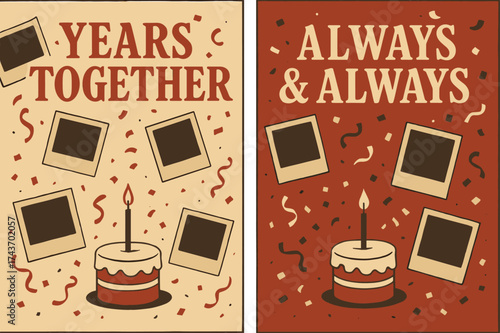 Retro Anniversary Banners. Anniversary. Two vertical A6 banners, retro, red and beige backgrounds, scattered polaroids and confetti with a small cake, first