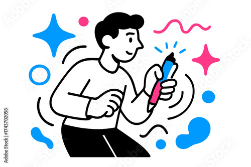 Vibrant Pen Clicking. Pen Clicking. A character clicking a glowing pen repeatedly, abstract floating spark shapes and lines symbolizing fidget behavior. Modern