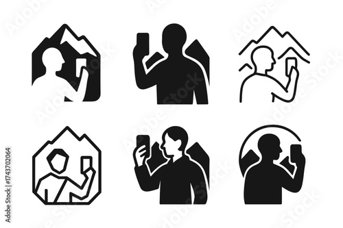 Travel Selfie Logo Grid. Taking travel selfies. Set Logo of iconic shot: person with mountain silhouette behind phone. harmonious logo variations of the same