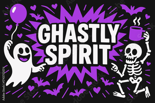 Ghastly Spirit Celebration. Ghastly Spirit banner, flat vector illustration, bold oversized text inside splash explosion, cartoon characters dancing and
