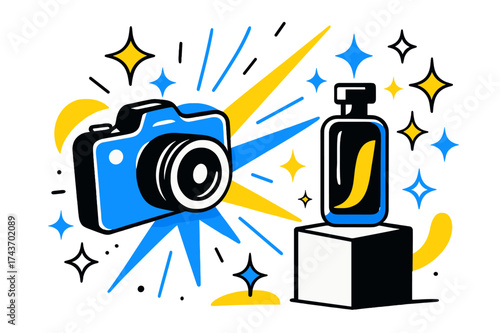 Camera Captures Elegance. Luxury photography. A glowing camera capturing a sleek perfume bottle on a pedestal, abstract sparkles and light beams floating