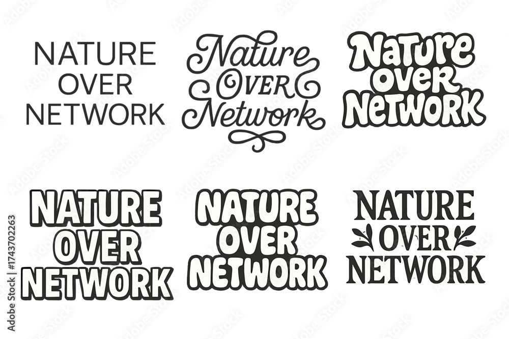 Fototapeta premium Nature-Inspired Lettering Styles. Nature over network. Set lettering. harmonious lettering variations of the same emblematic concept (Modern minimal monoline