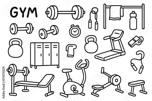 Gym Equipment Doodles. Gym. Hand-drawn doodle illustration gym dumbbell, barbell, kettlebell, treadmill, exercise bike, rowing machine, pull-up bar, jump rope,