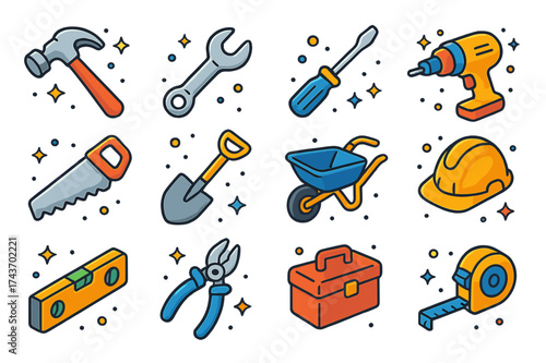 Colorful Construction Icons. Construction Tools. Colorful isometric vector icons set of Construction Tools: hammer, wrench, screwdriver, drill, saw, shovel,