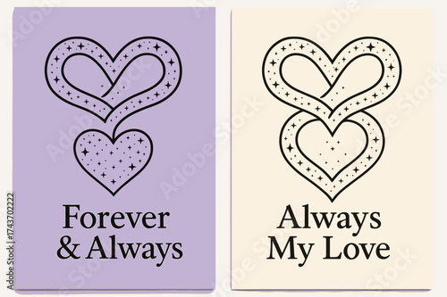 Eternal Love Banners. Eternal. Two vertical A6 banners, bold, lavender and cream backgrounds, elegant infinity heart woven with tiny stars, first banner with
