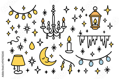 Magical Lighting Elements. Magical Lighting. Hand-drawn doodle illustration fairy lights (colored), chandelier, lantern (colored), candle, sparkles (colored),