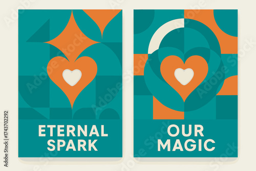 Eternal Spark Union. Union. Two vertical A6 banners with safe margins, centered composition, no elements touching edges, geometric style, turquoise and orange,